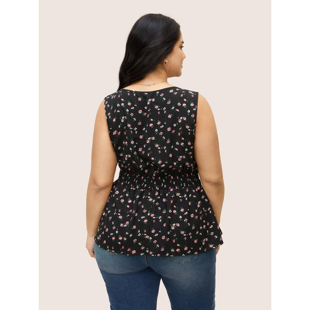 Plus Size V Neck Ditsy Floral Buckle Detail Tank Top Women Black Elegant Gathered V-neck Everyday Tank Tops Camis BloomChic 28/5X Product Image