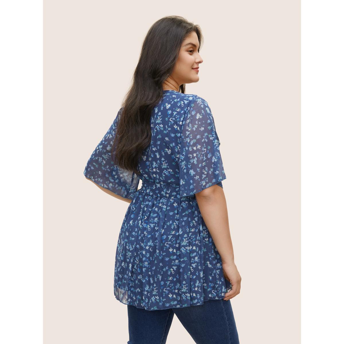Plus Size Indigo Ditsy Floral Mesh Overlap Collar Ties Blouse Women Elegant Short sleeve Overlap Collar Everyday Blouses BloomChic 14-16/1X Product Image