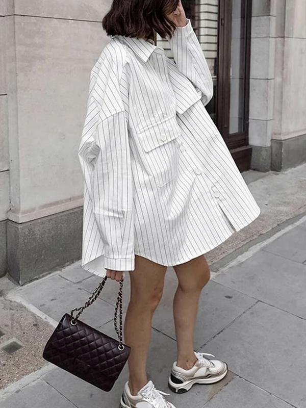 Long Sleeves Loose Buttoned Striped Lapel Blouses&Shirts Tops Product Image