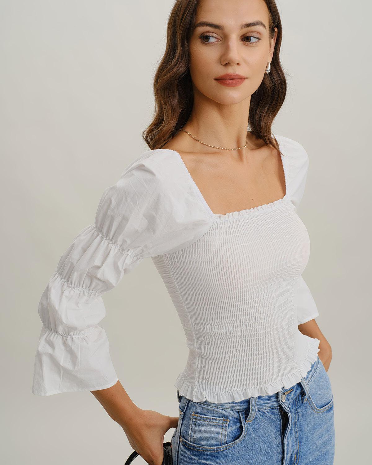 White Square Neck Shirred Blouse Product Image