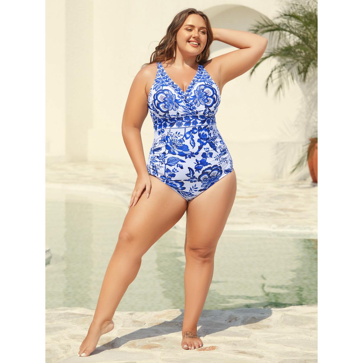 Plus Size Two-Piece Floral Print Ruched Mesh Swimsuit, Sarong Women's Swimwear Indigo Resort Gathered Curve Bathing Suits High stretch One Pieces BloomChic 14-16/1X Product Image