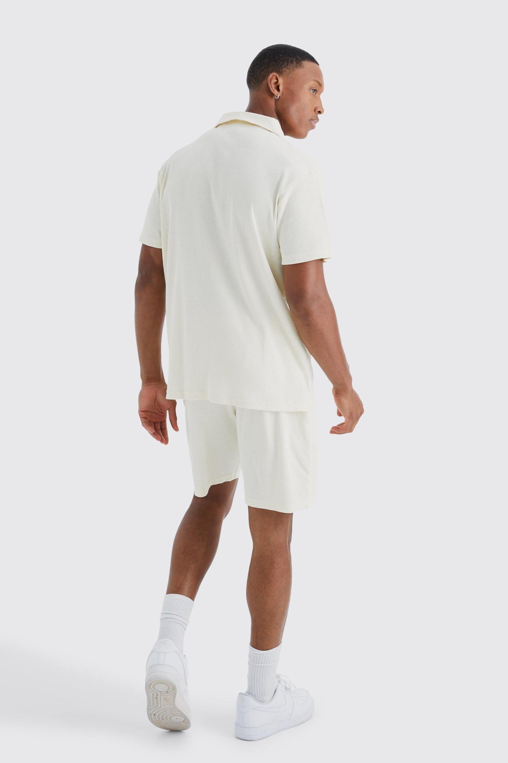 Short Sleeve Rib Regular Fit Shirt And Short Set | boohooMAN USA Product Image
