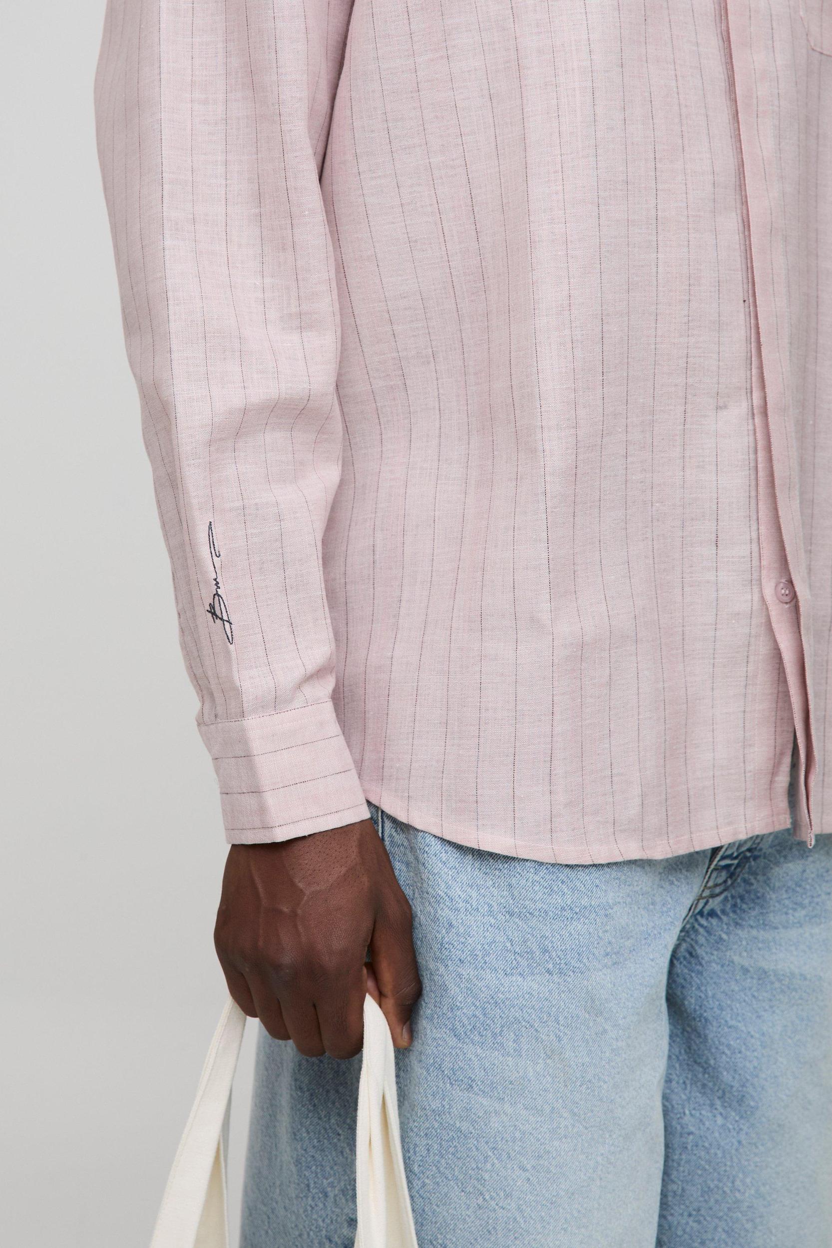 Oversized BoohooMan Linen Look Stripe Shirt | boohooMAN USA Product Image