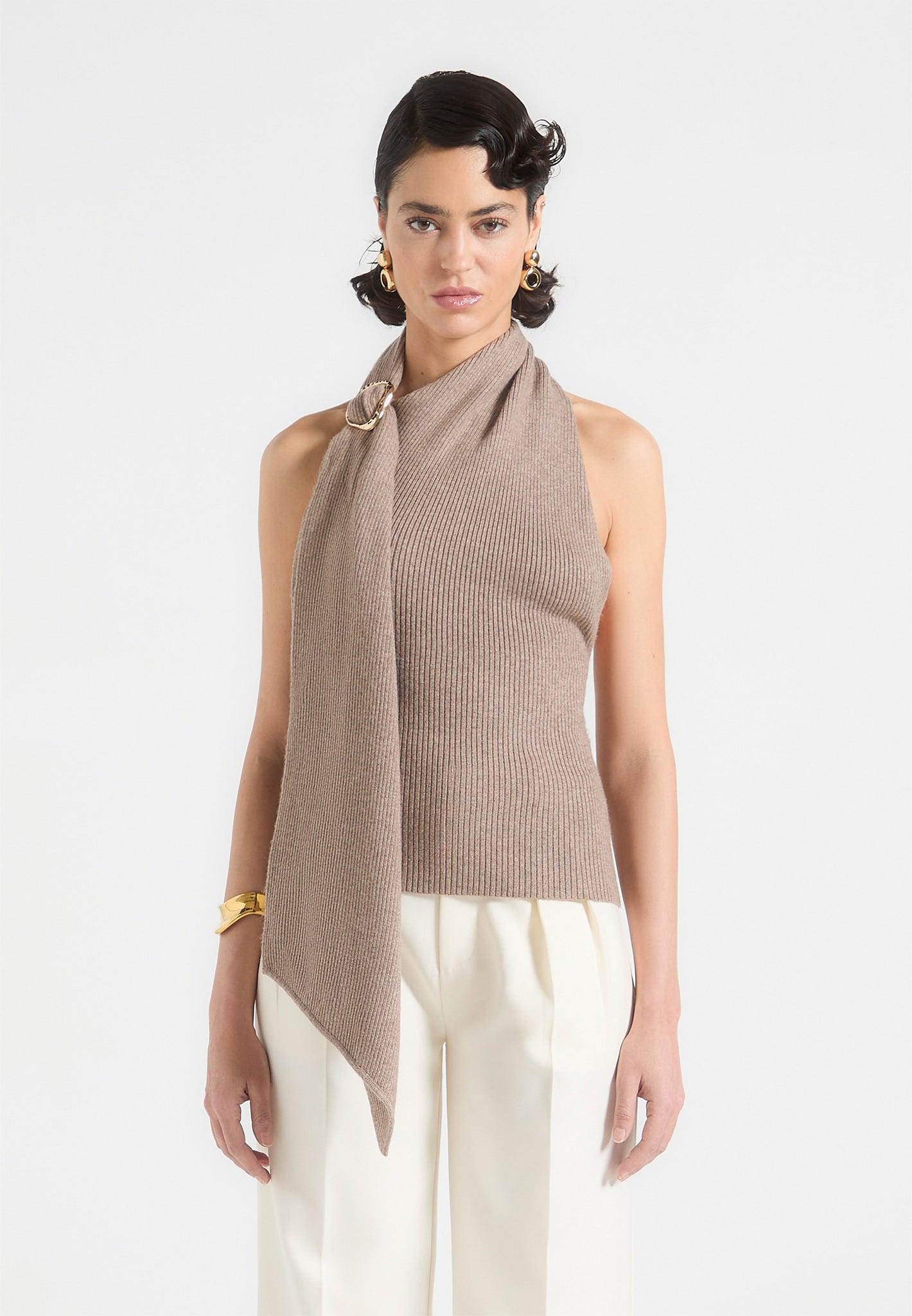 Elodie - Knitted Draped Halterneck Top - Taupe Female Product Image