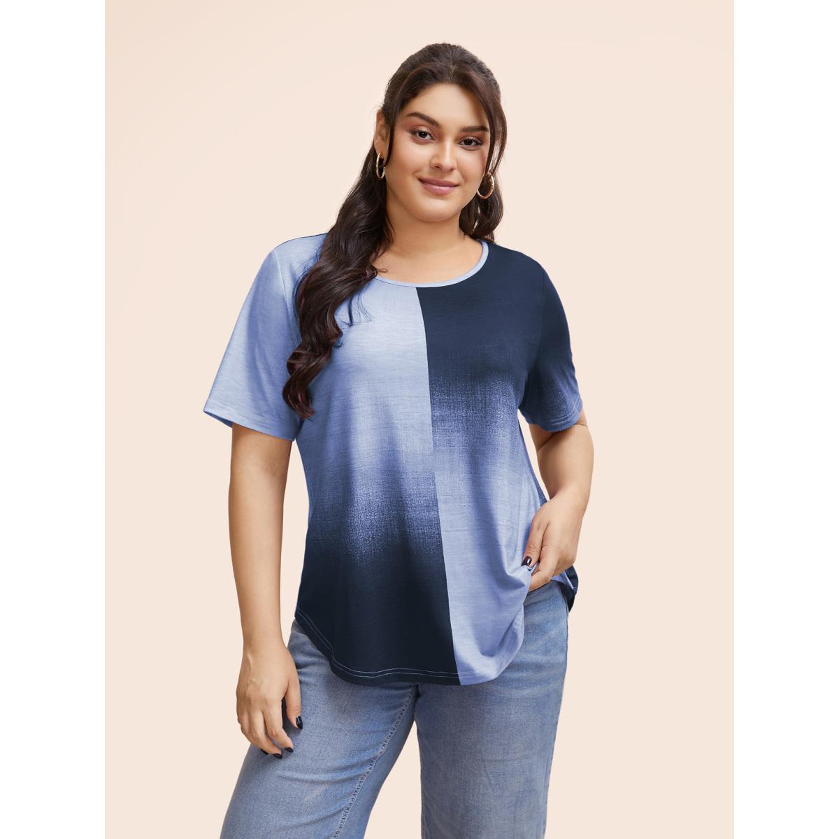 Plus Size Ombre Heather Contrast Round Neck T-shirt Mauve Women Casual Non Round Neck Everyday T-shirts BloomChic 22-24/3X Product Image