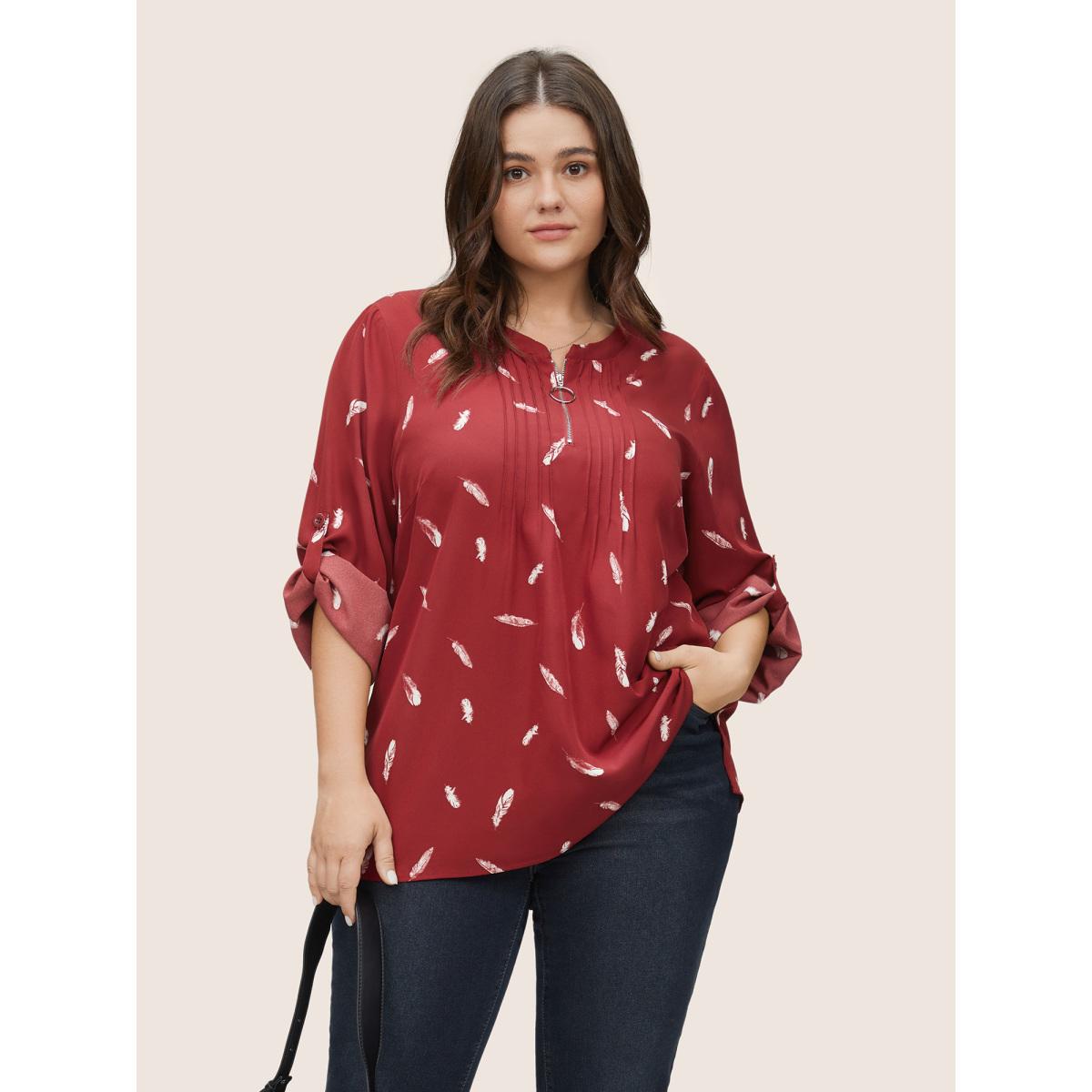 Plus Size Scarlet Feather Print Half Zip Tab Sleeve Split Hem Blouse Women Work From Home Long Sleeve Round Neck Work Blouses BloomChic 14-16/1X Product Image
