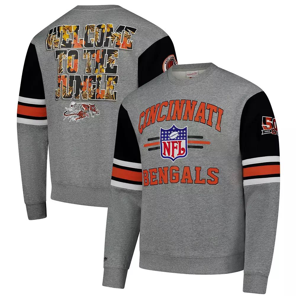Men's Mitchell & Ness Heather Gray Cincinnati Bengals All Over 4.0 Vintage Logo Pullover Sweatshirt,  Product Image