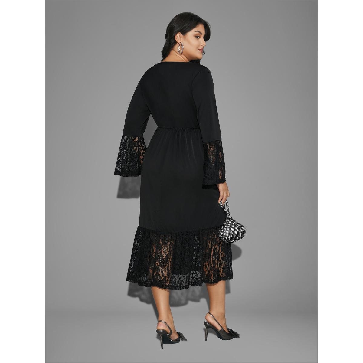 Plus Size Lace Patchwork Button Detail Tie Knot Dress Black Women Cocktail Woven ribbon&lace trim Party Curvy Bloomchic 18-20/2X Product Image