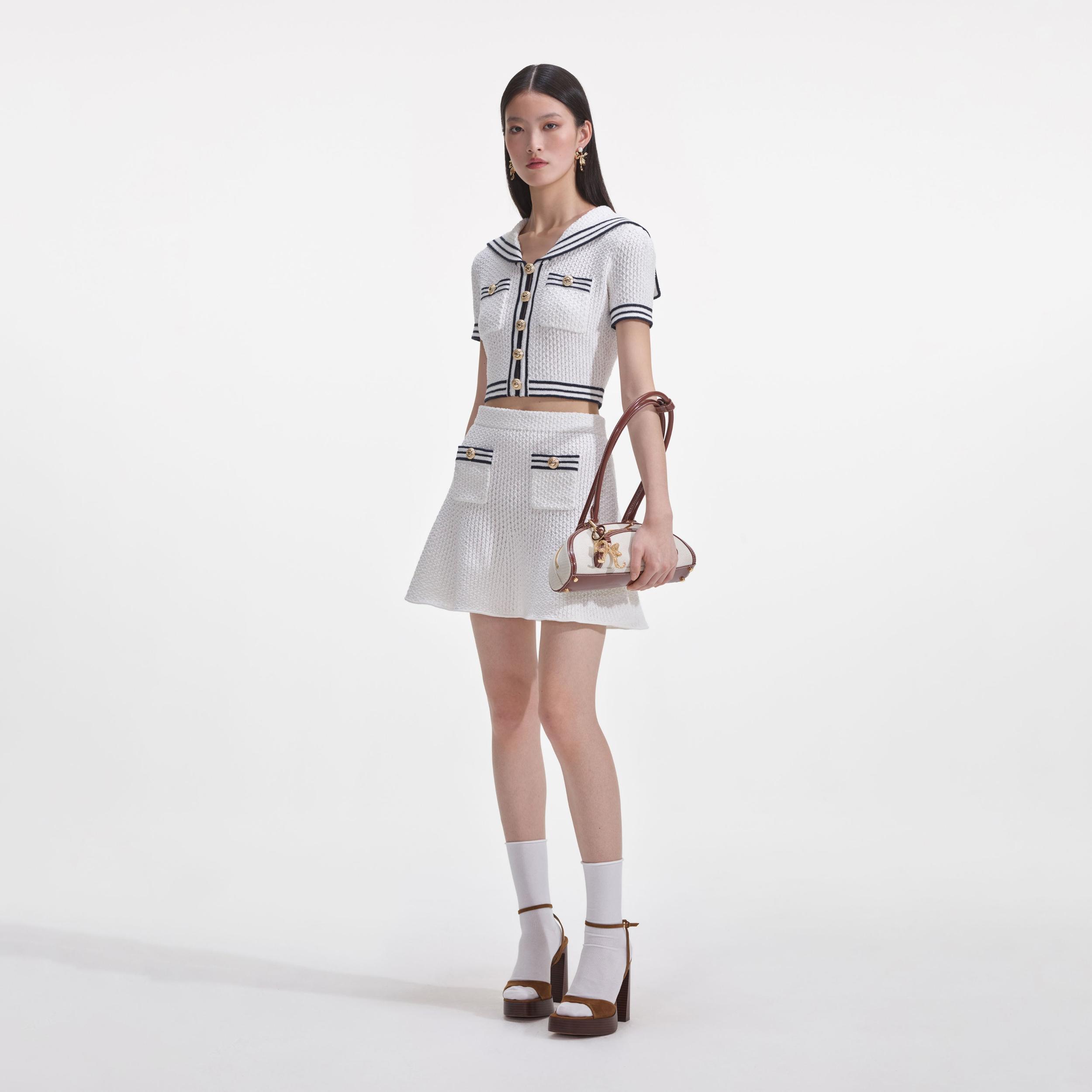 White Textured Knit Mini Skirt Product Image