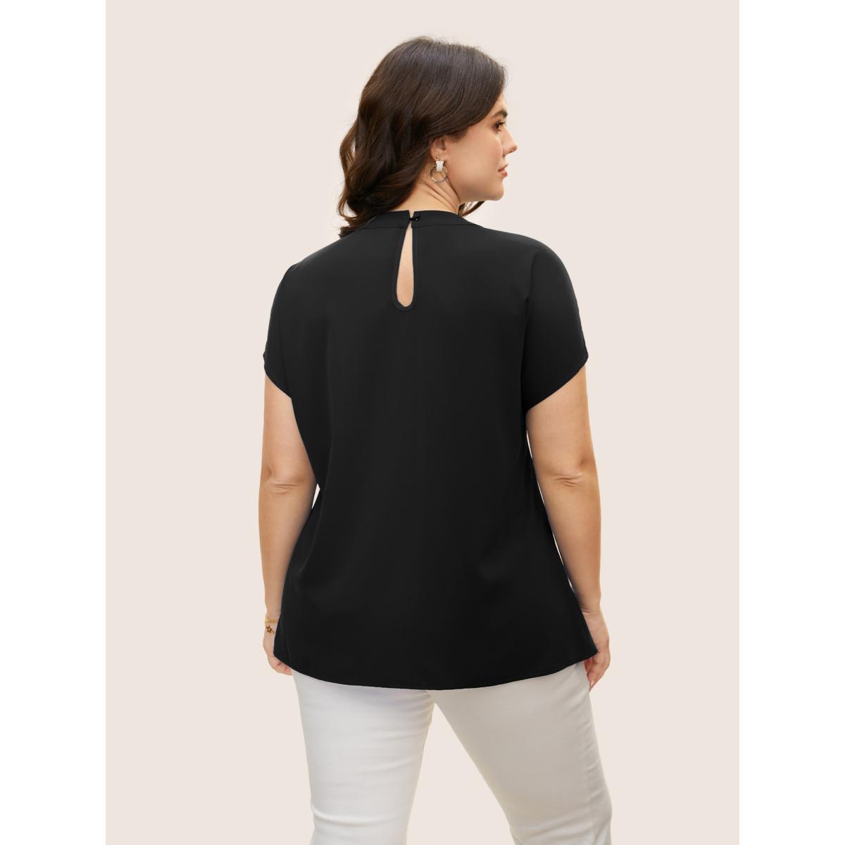 Plus Size Mediumblue Twist Front Pleated Dolman Sleeve Blouse Women At the Office Short sleeve Mock Neck Work Blouses BloomChic 26/4X Product Image