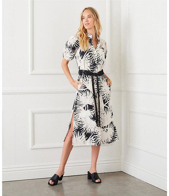 Karen Kane Tropical Palm Print Puff Sleeve Midi Shirt Dress Product Image
