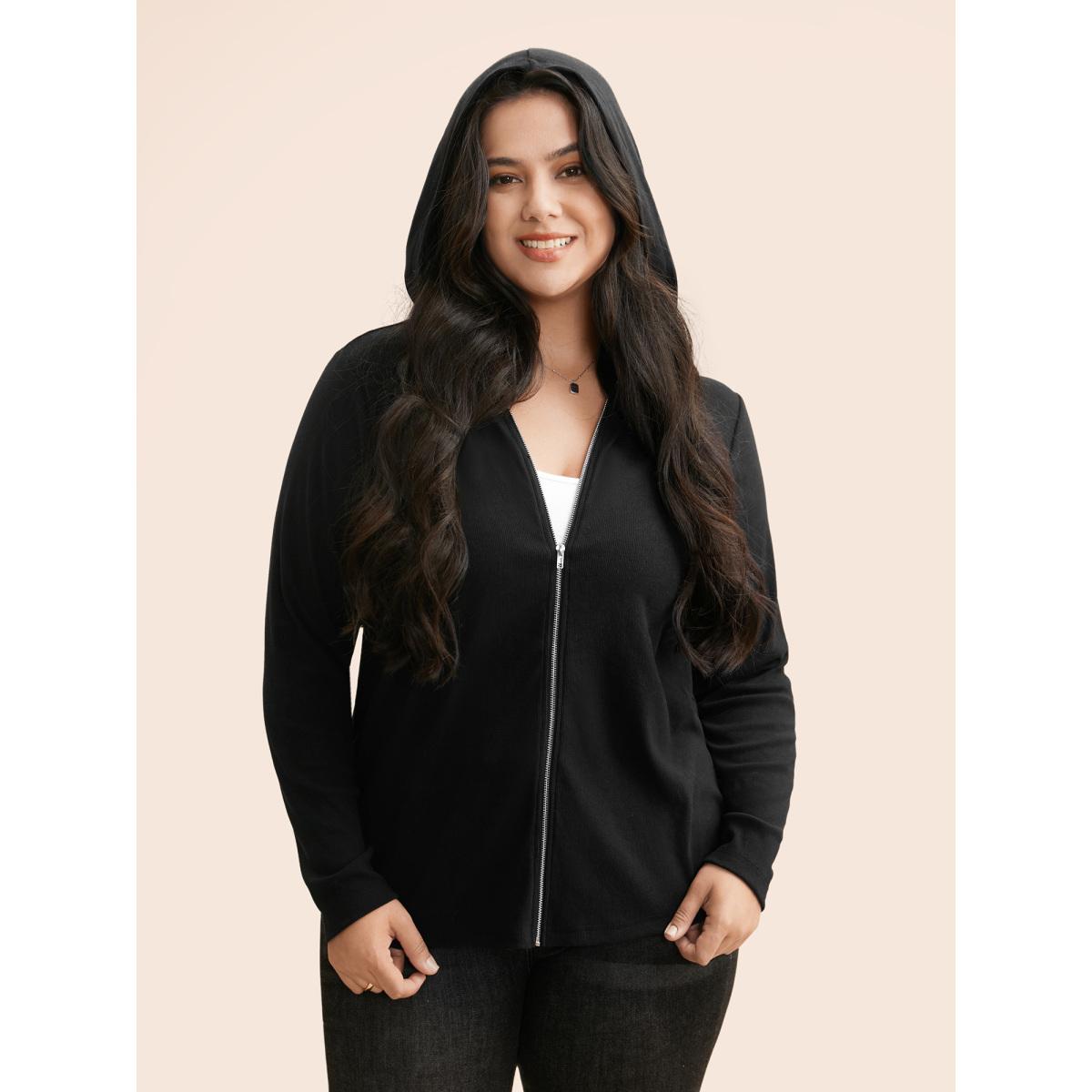 Plus Size Hooded Zipper Medium Stretch Sweatshirt Women Black Casual Texture Hooded Everyday Sweatshirts BloomChic 22-24/3X Product Image