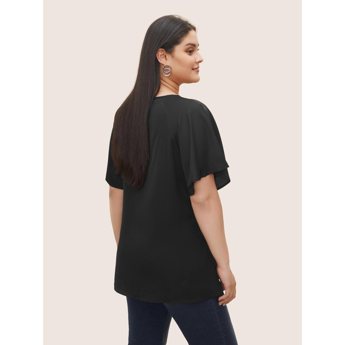 Plus Size Black Plain Keyhole Knotted Front Ruffle Sleeve Blouse Women Office Short sleeve Round Neck Office Blouses BloomChic 22-24/3X Product Image