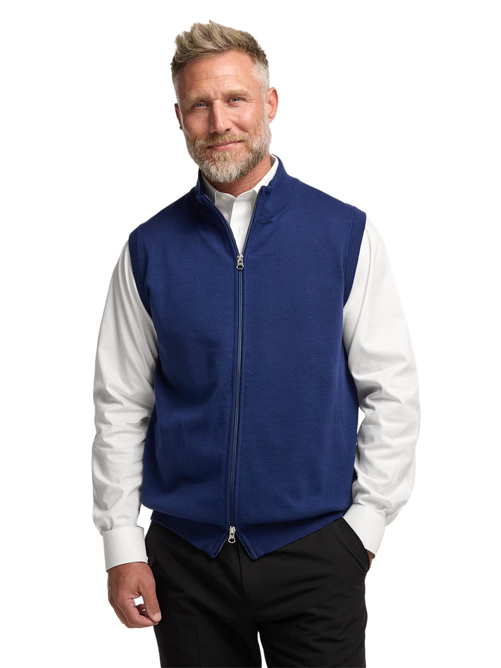 Cotton Full Zip Mock Neck Vest - Blue Product Image