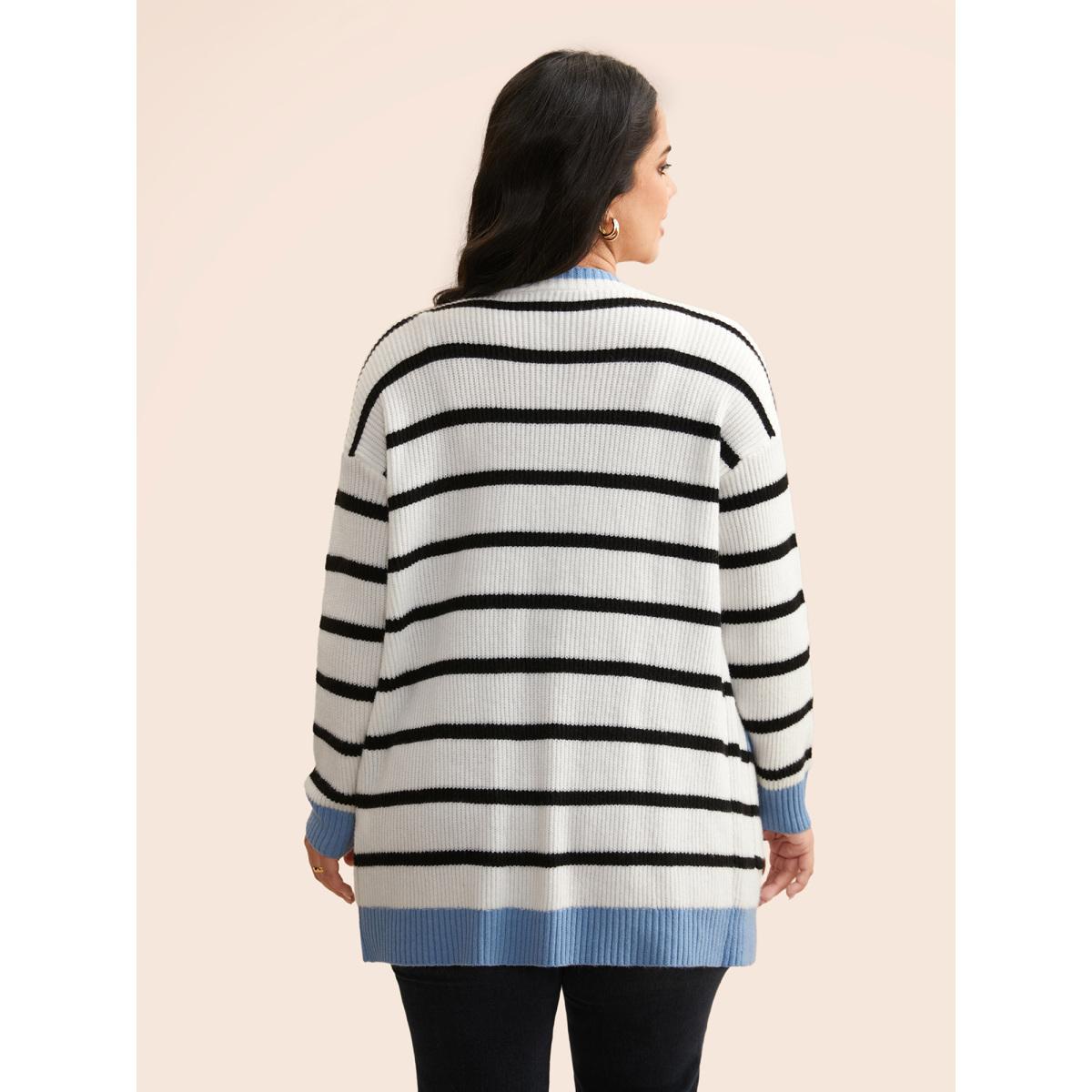 Plus Size Supersoft Essentials Kimono Collar Contrast Striped Cardigan Beige Women Casual Loose Long Sleeve Everyday Cardigans BloomChic 12/L Product Image