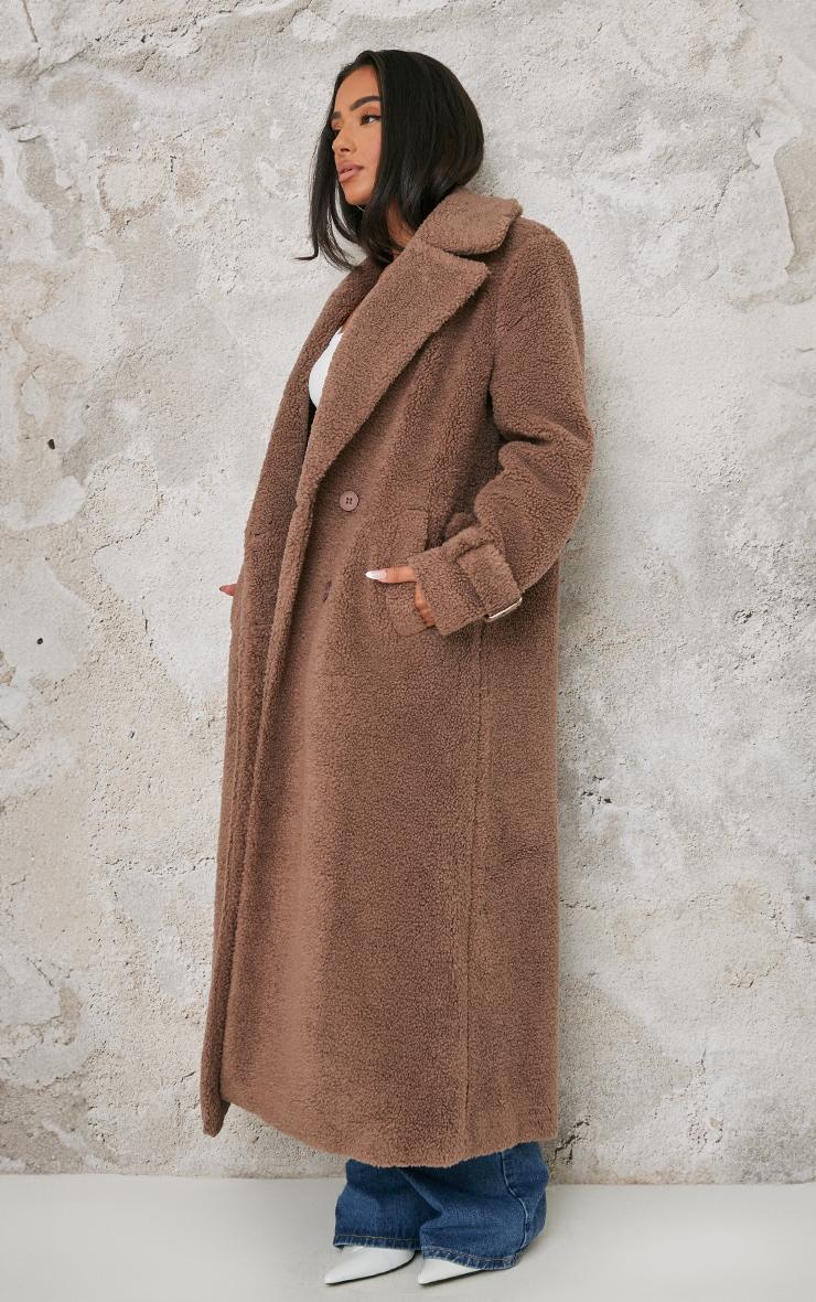 Petite Taupe Borg Double Breasted Maxi Coat Product Image