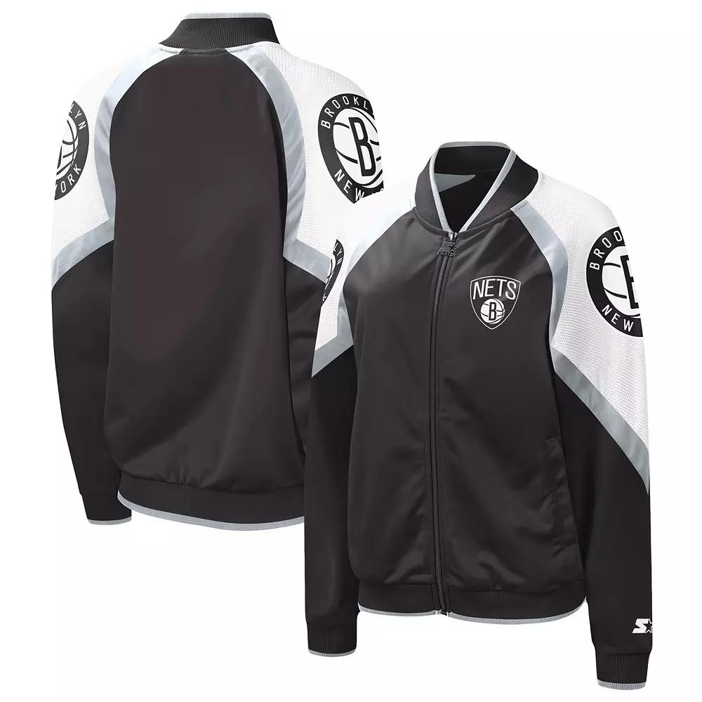 Women's Starter Black/Silver Brooklyn Nets Fan Girl Satin Raglan Full-Zip Jacket, Size: Large Product Image