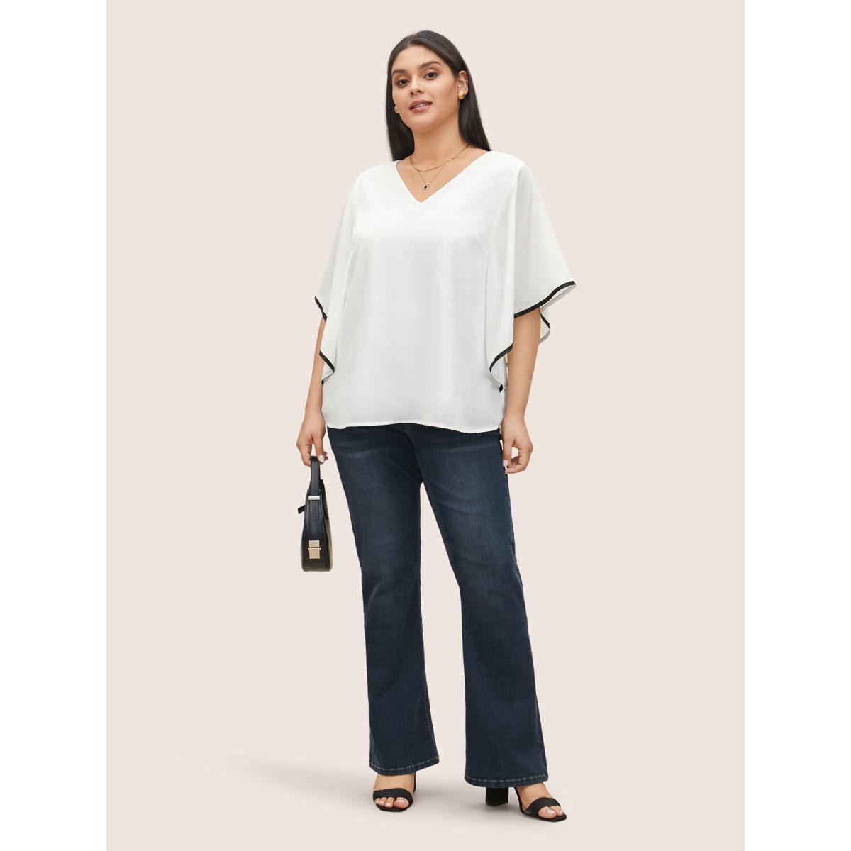 Plus Size White V Neck Contrast Webbing Dolman Sleeve Blouse Women Elegant Half Sleeve V-neck Everyday Blouses BloomChic 30/6X Product Image