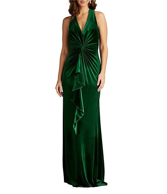 Tadashi Shoji V-Neck Ruched Ruffle Front Sleeveless Velvet Gown Product Image