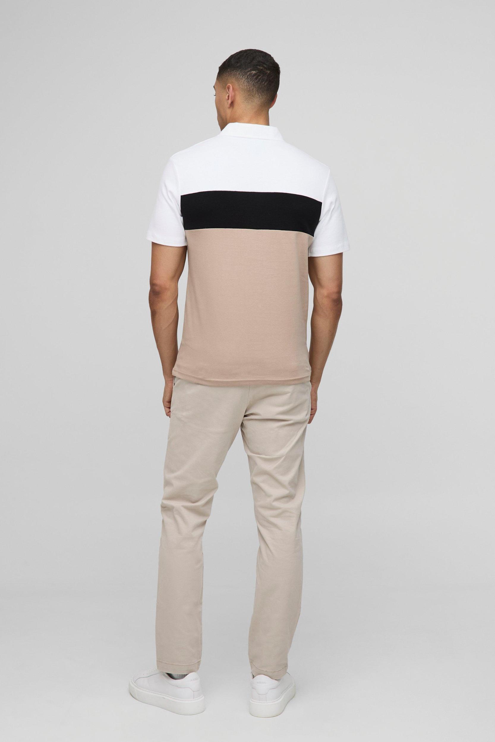 Slim Fit Man Colour Block Interlock Polo | boohooMAN USA Product Image