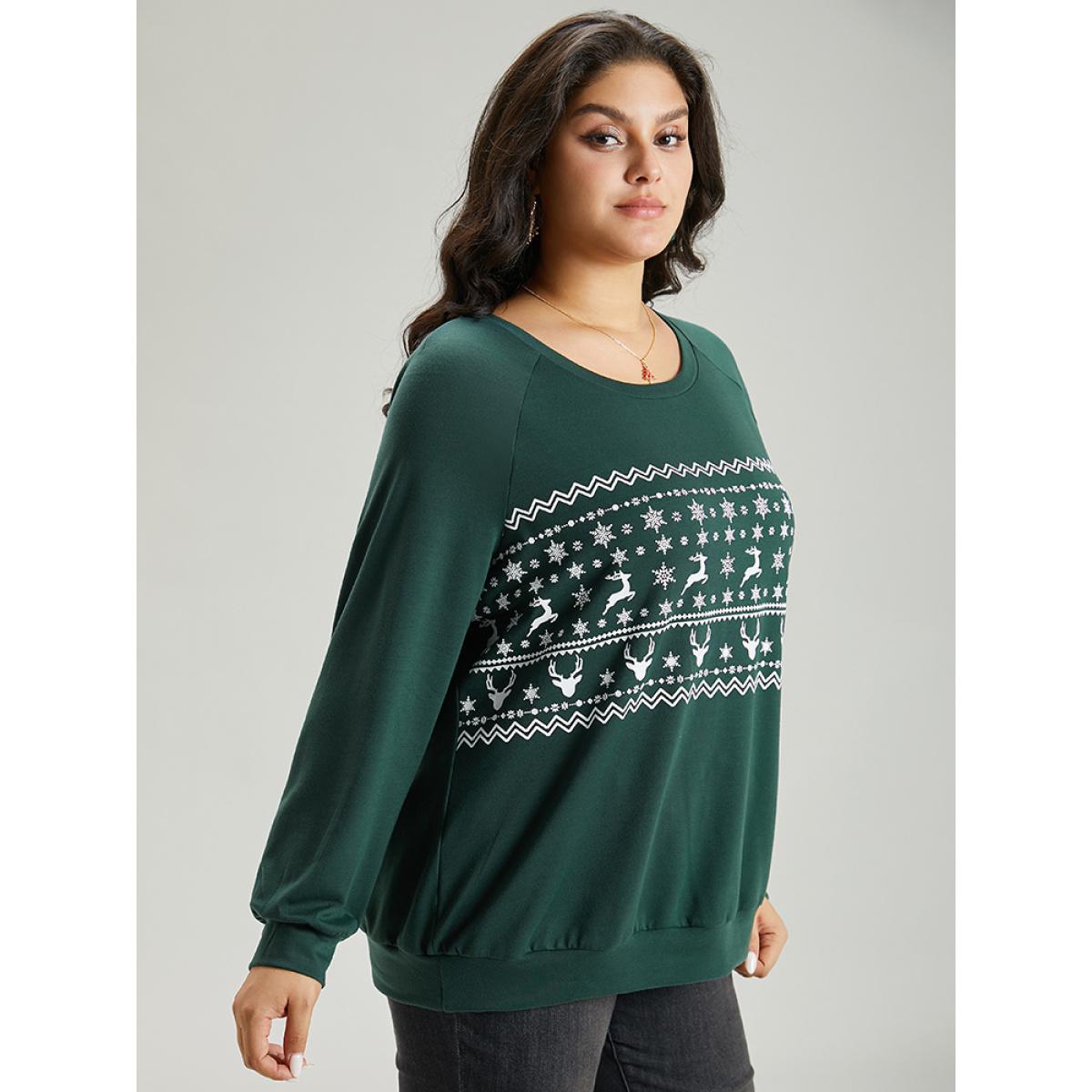 Plus Size Christmas Elk Crew Neck Raglan Sleeve Sweatshirt Women DarkGreen Casual Printed Round Neck Festival-Christmas Sweatshirts BloomChic 30/6X Product Image