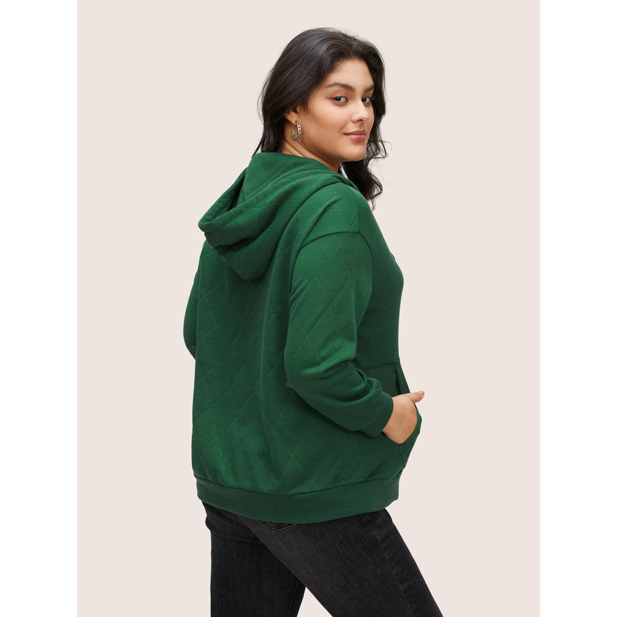Plus Size Solid Quilted Kangaroo Pocket Hooded Sweatshirt Women Green Casual Non Hooded Everyday Sweatshirts BloomChic 10/M Product Image