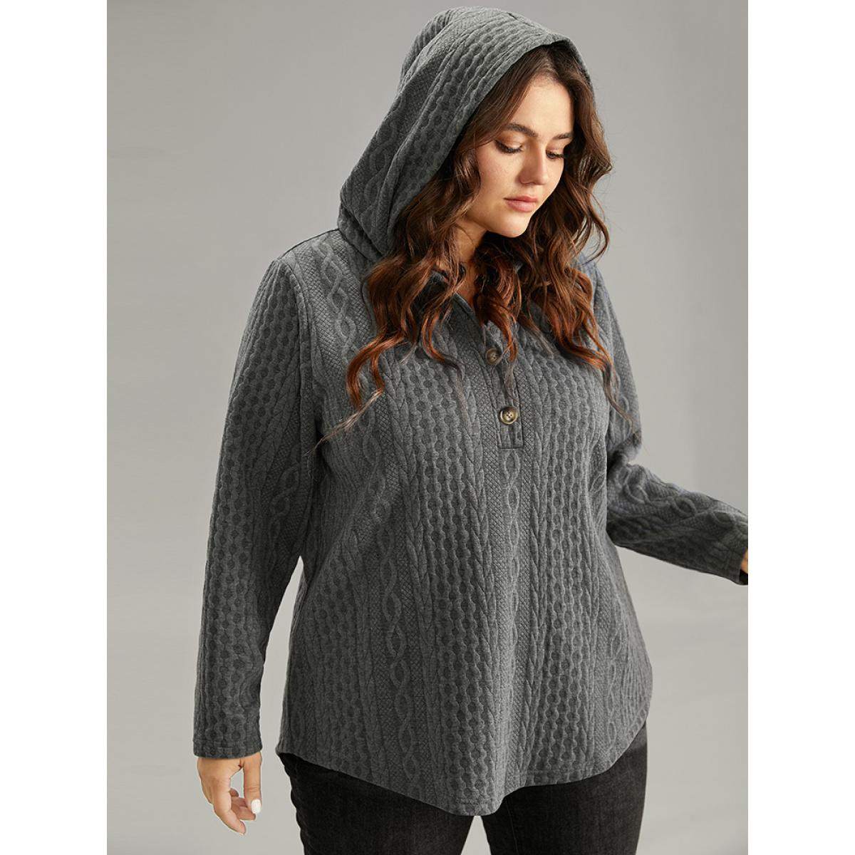 Plus Size Plisse Button Through Hooded Curved Hem Sweatshirt Women DimGray Casual Texture Hooded Everyday Sweatshirts BloomChic 26/4X Product Image