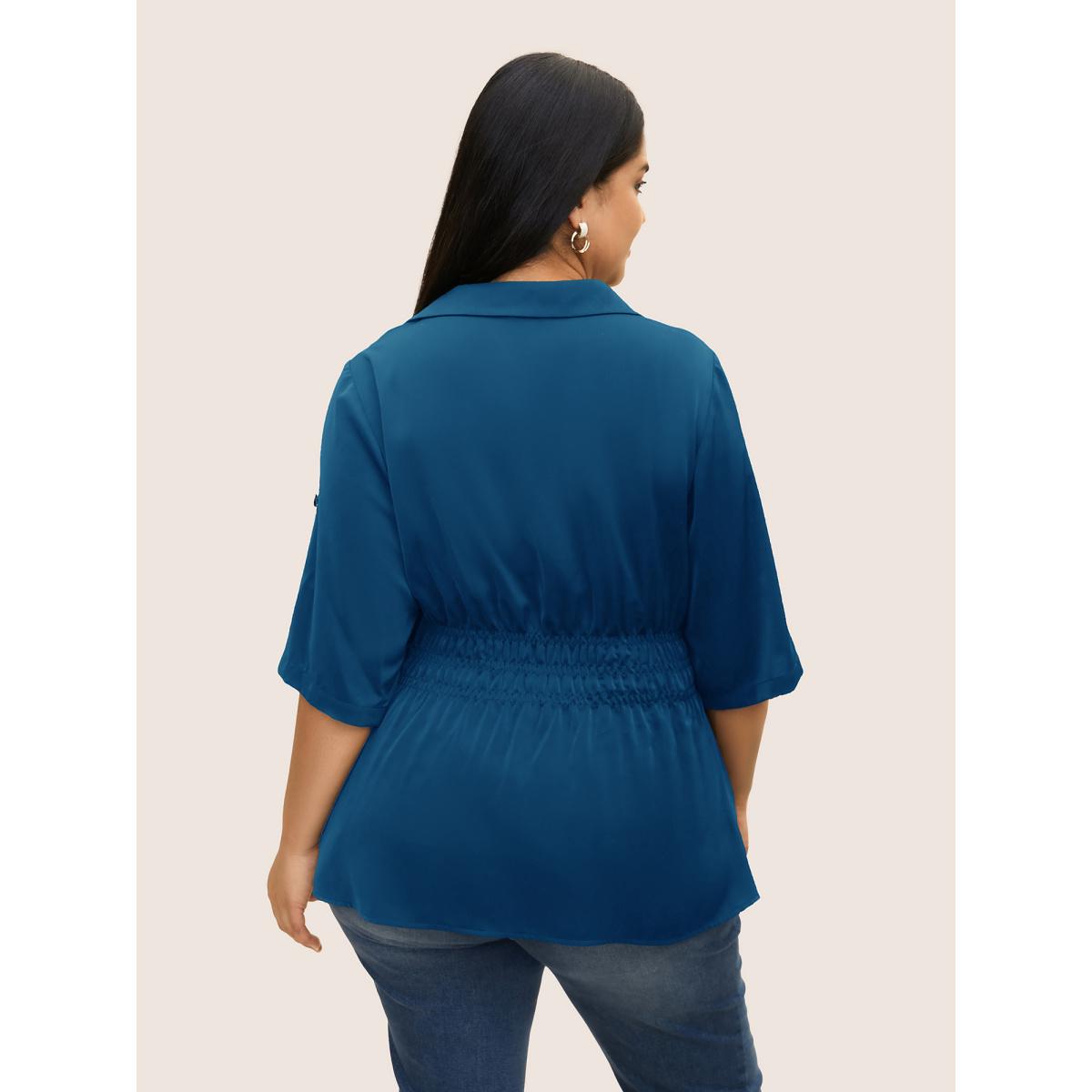 Plus Size Cerulean Shirt Collar Button Cuff Sleeve Blouse Women Work From Home Half Sleeve Shirt collar Work Blouses BloomChic 12/L Product Image
