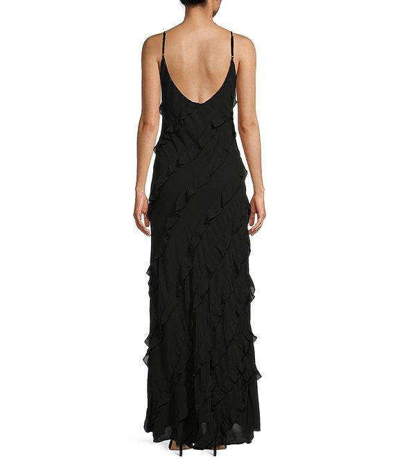 B. Darlin All Over Ruffle Trim V-Neck Spaghetti Strap Long Dress Product Image