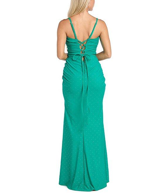 Morgan & Co. Jersey Knit Stone Strapless Lace Up Back Dress Product Image