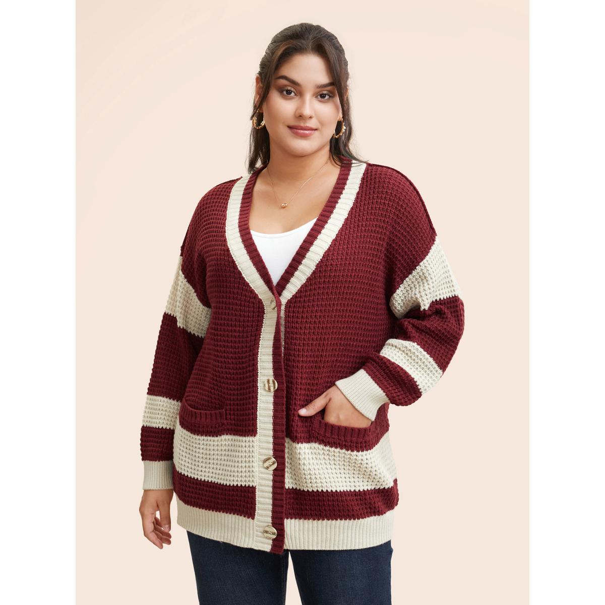 Plus Size Colorblock Contrast Textured Patched Pocket Cardigan Scarlet Women Casual Loose Long Sleeve Everyday Cardigans BloomChic 26/4X Product Image