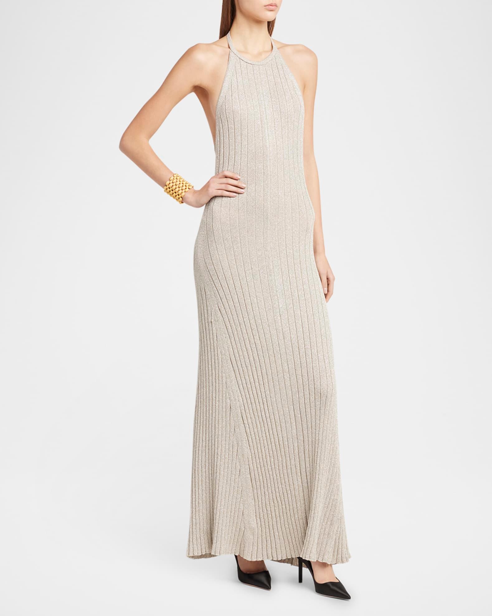 Metallic Rib Halter Backless Maxi Dress Product Image