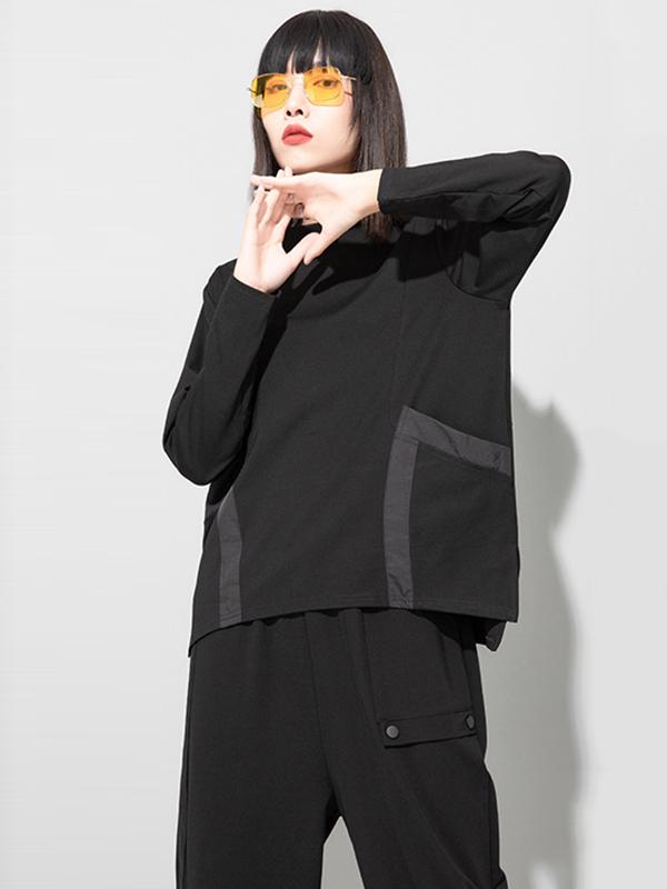 Casual Loose Long Sleeves Split-Joint Solid Color Stand Collar T-Shirts Tops Product Image