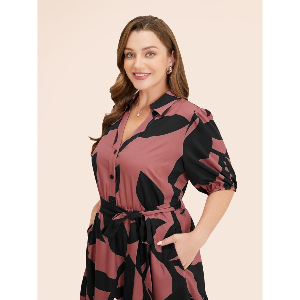 Plus Size Plant Pocket Puff Sleeve Belt Ruffle Hem Button Up Dress Multicolor Women Office Belted Shirt collar Short sleeve Curvy Knee Dress BloomChic 14-16/1X Product Image