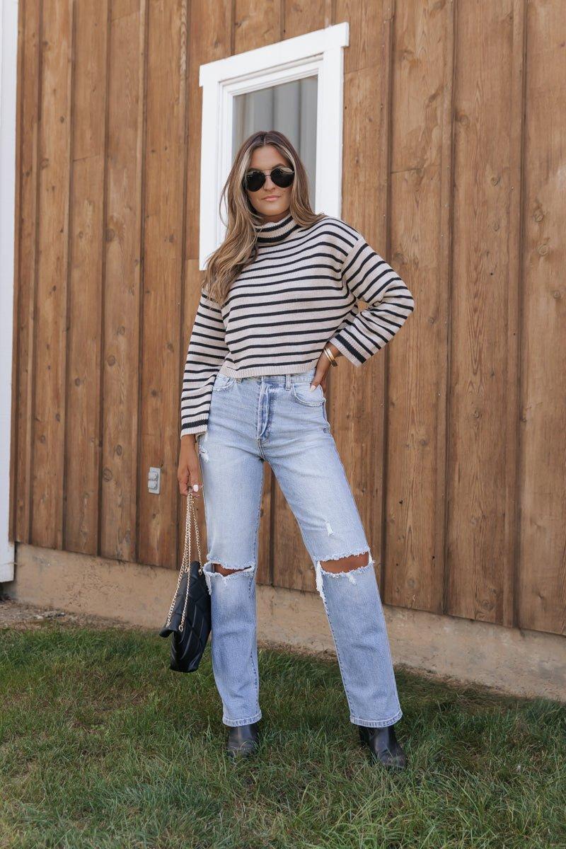 Mocha Striped Long Sleeve Turtleneck Sweater - FINAL SALE Product Image