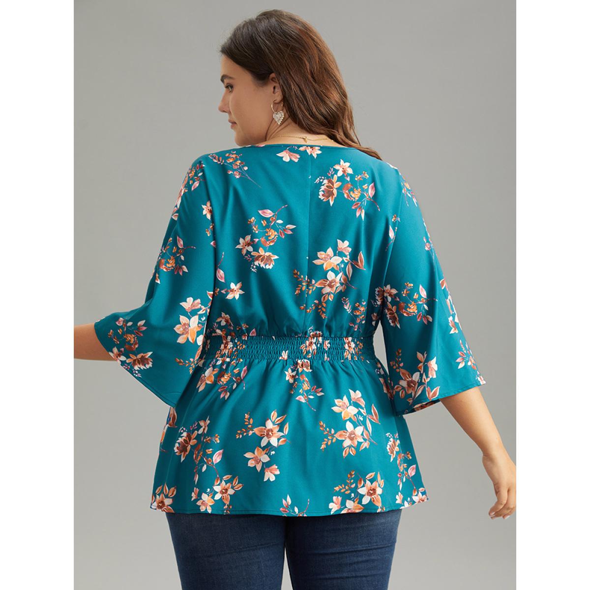 Plus Size Aegean Floral Print Shirred Plicated Detail Blouse Women Elegant Elbow-length sleeve V-neck Dailywear Blouses BloomChic 28/5X Product Image