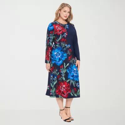 London Times Womens Long Sleeve Midi Floral Plus Shift Dress Product Image