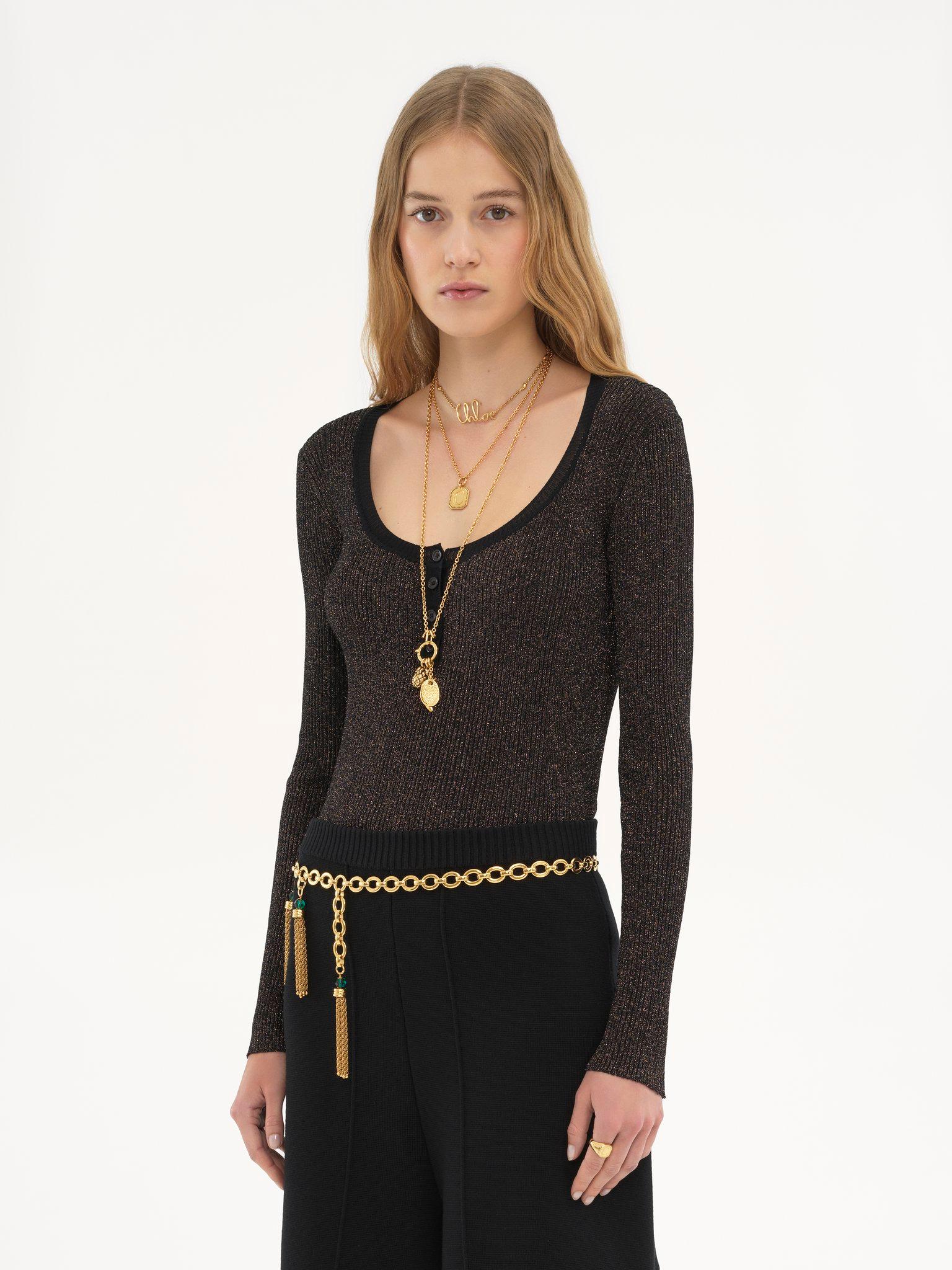 Long-sleeve fitted top in lurex wool knit Product Image