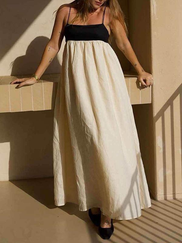A-Line Loose Contrast Color Pleated Split-Joint Spaghetti-Neck Maxi Dresses Product Image