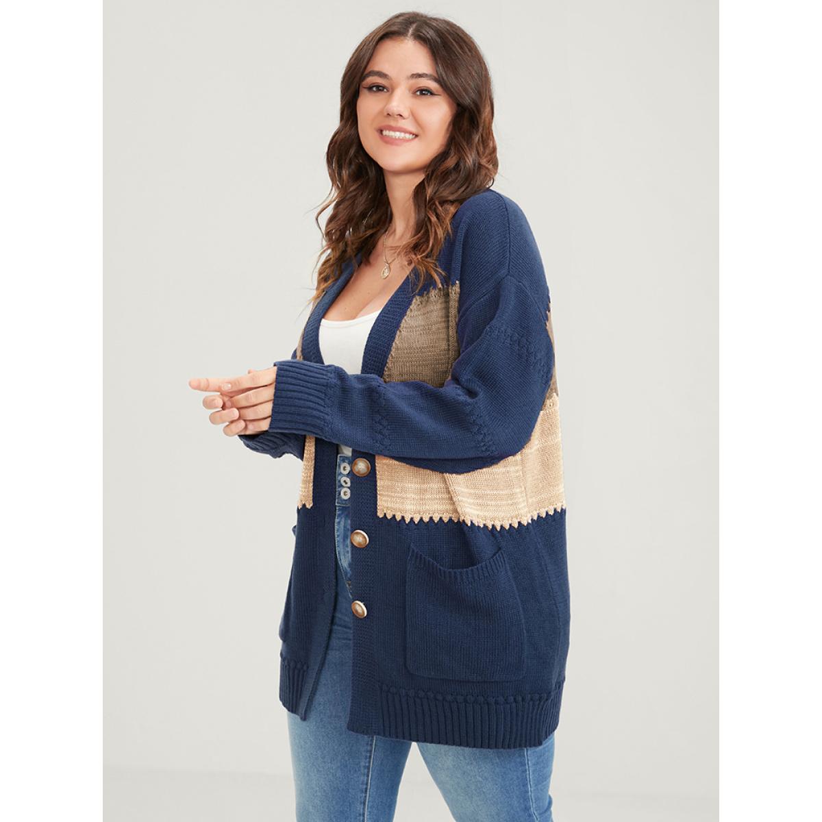 Plus Size Colorblock Contrast Pointelle Knit Pocket Jacquard Button Front Cardigan Multicolor Women Casual Loose Long Sleeve Dailywear Cardigans BloomChic 12/L Product Image