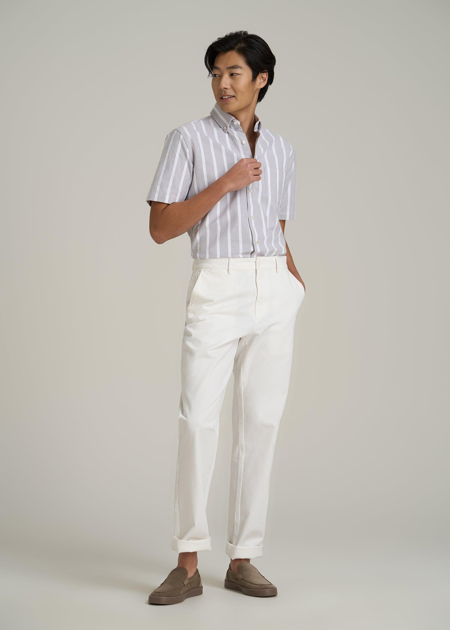 Short Sleeve Oxford Button Shirt For Tall Men in Bold Grey Stripe Male Product Image