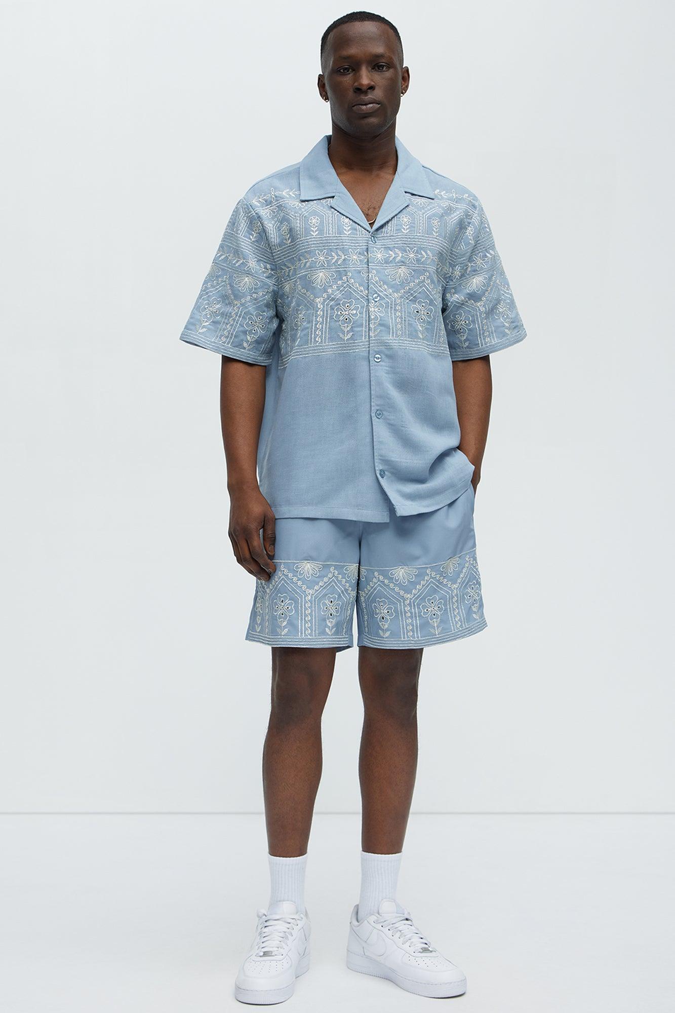 Embroidered Floral Cuban Collar Button Up Shirt - Blue/combo Product Image