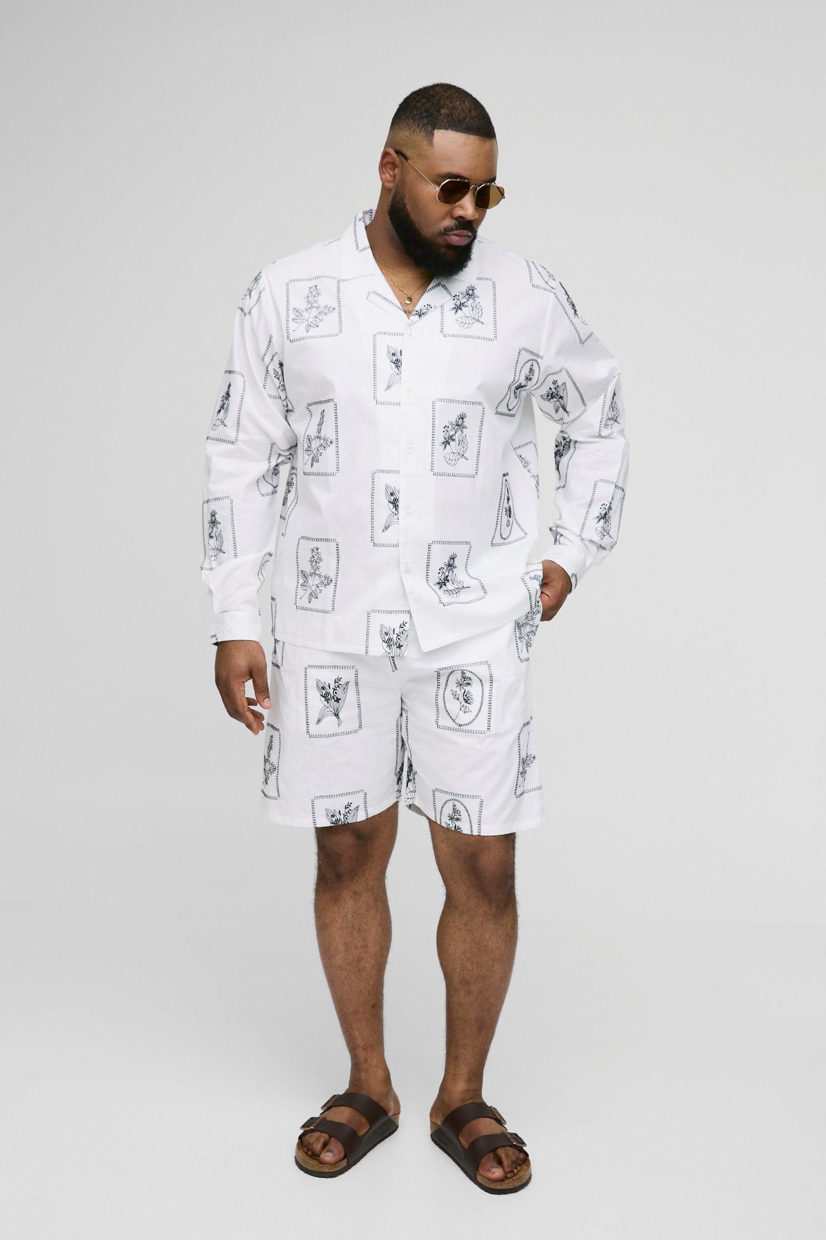 Plus Regular Fit Embroidered Poplin Revere Shirt & Relaxed Short Set | boohooMAN USA Product Image