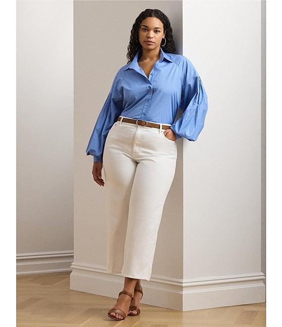 Lauren Ralph Lauren Plus Size Cotton Poplin Point Collar Long Blouson Sleeve Button-Front Shirt Product Image
