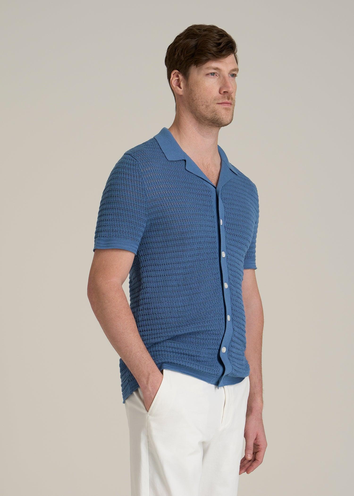 Short Sleeve Crochet Polo Cardigan for Tall Men in Deep Cobalt Male Product Image