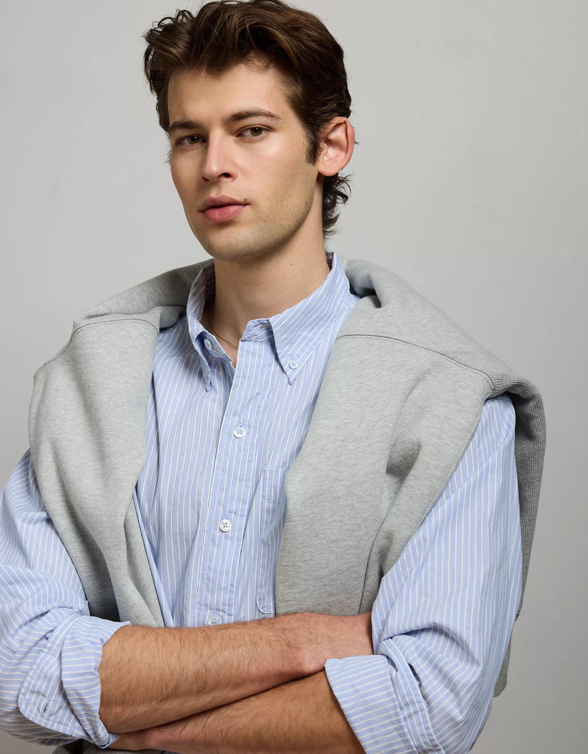 AE77 Premium Relaxed Striped Poplin Button-Up Shirt Product Image