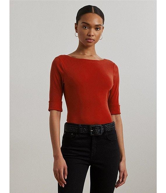 Lauren Ralph Lauren Stretch Cotton Boatneck Elbow-Length Sleeve T-Shirt Product Image
