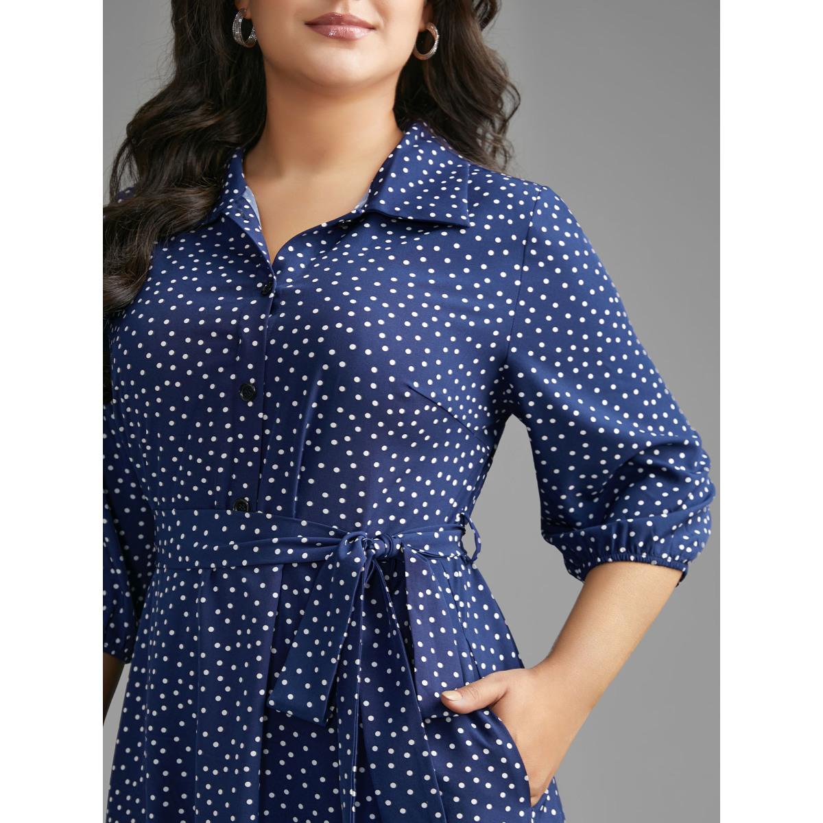 Plus Size Polka Dot Shirt Collar Belted Dress DarkBlue Women At the Office Belted Shirt collar Elbow-length sleeve Curvy BloomChic 30/6X Product Image