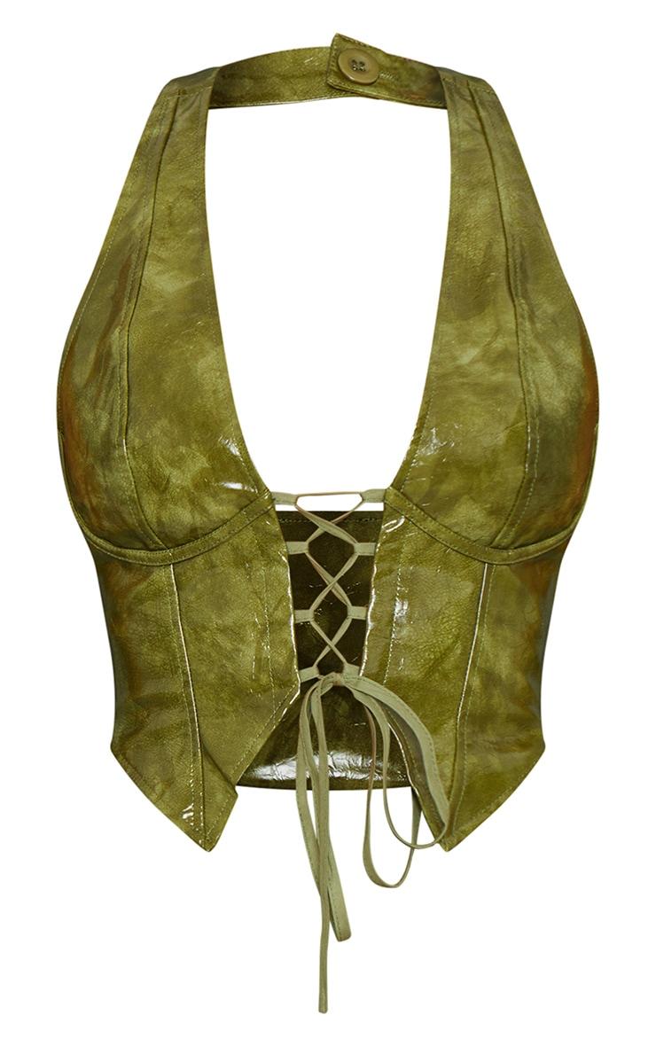 Olive Washed Faux Leather Lace Up Plunge Halterneck Top Product Image