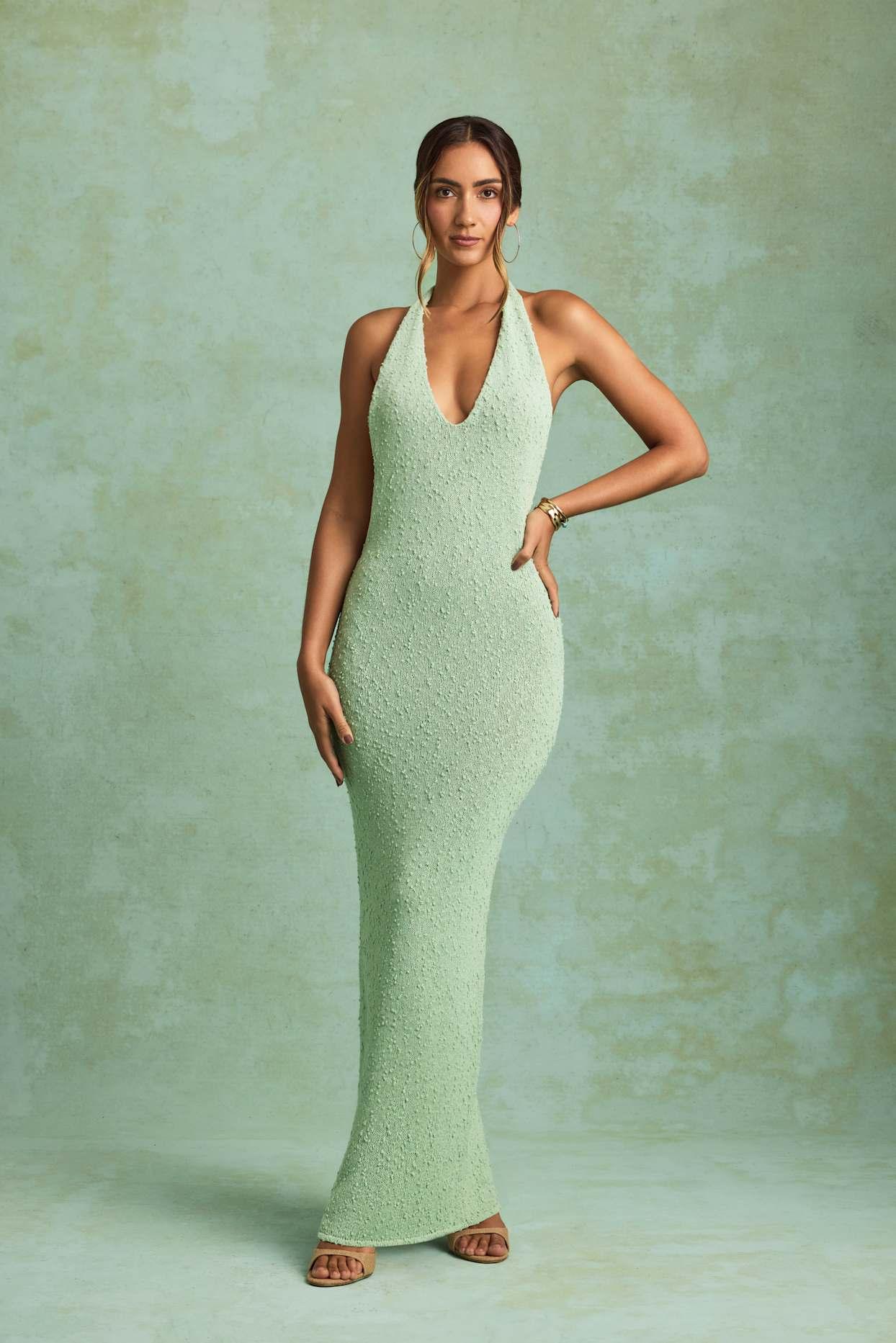 Bouclé Halterneck Maxi Dress in Mint Girls Product Image